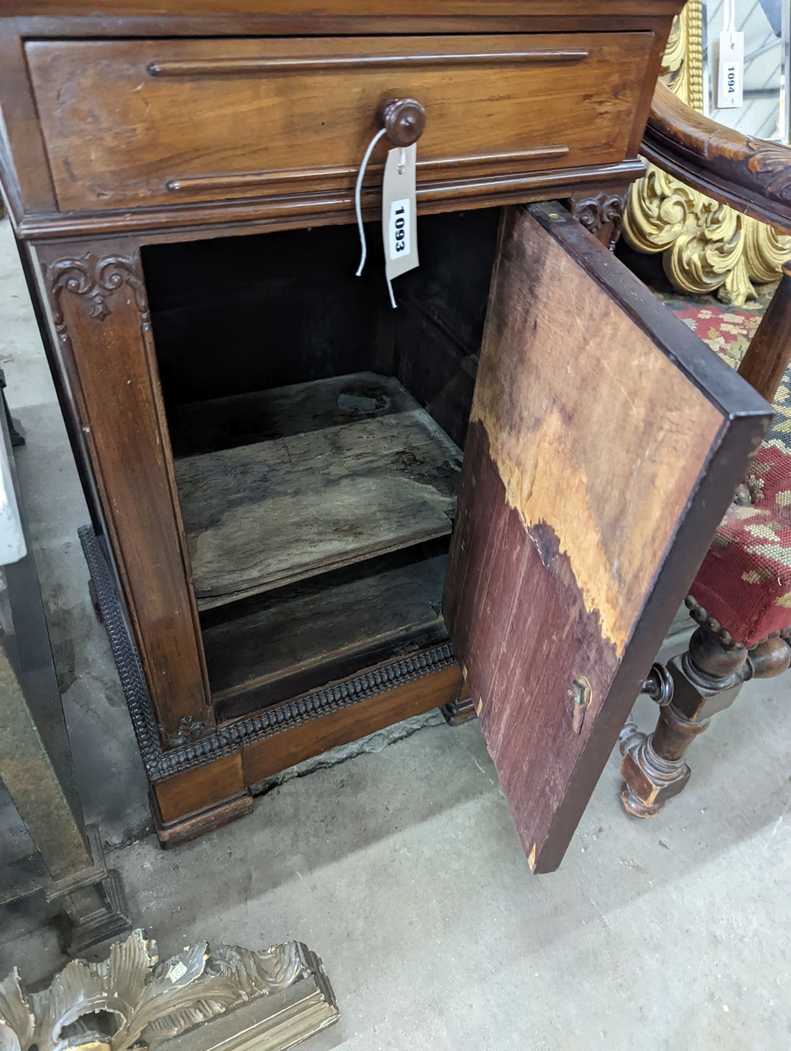 A 19th century fossil stone topped bedside table, width 42cm, depth 38cm, height 75cm